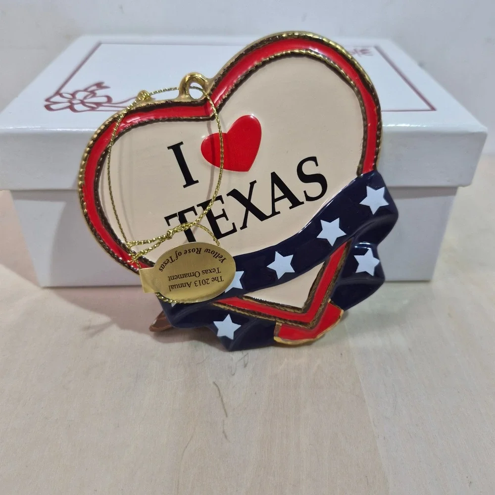 Yellow Rose of Texas 2013 Annual Texas Ornament Heart Patriotic Stars Boxed